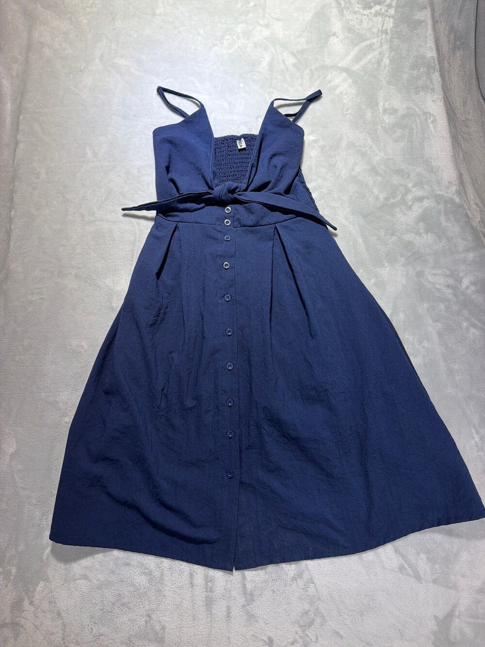Ecowish Navy Blue Cotton Blend Tie Front Button Down Midi Dress Size M Smocked